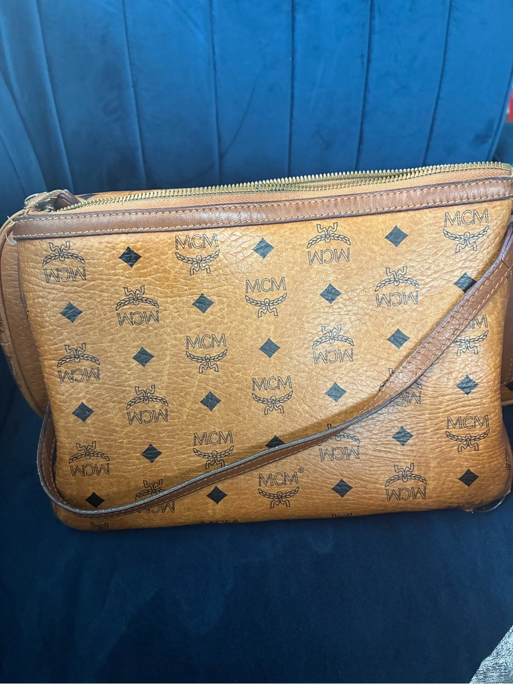 MCM Cognac Logo Visetos Tote with Brown Trim - Picture 6 of 8